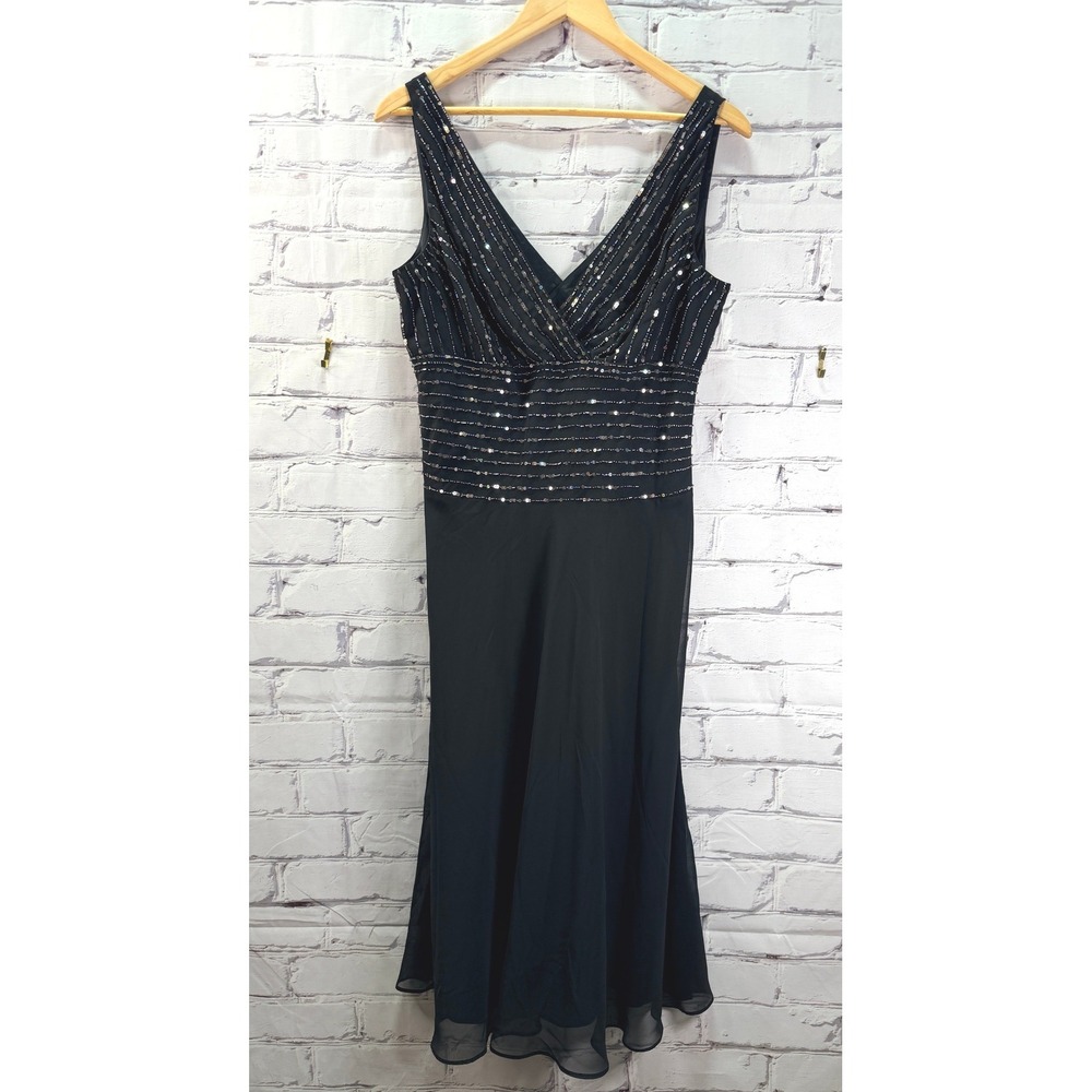 Dressbarn Collection Midi Dress Women 14 Black Sequin V-Neck Formal Cocktail